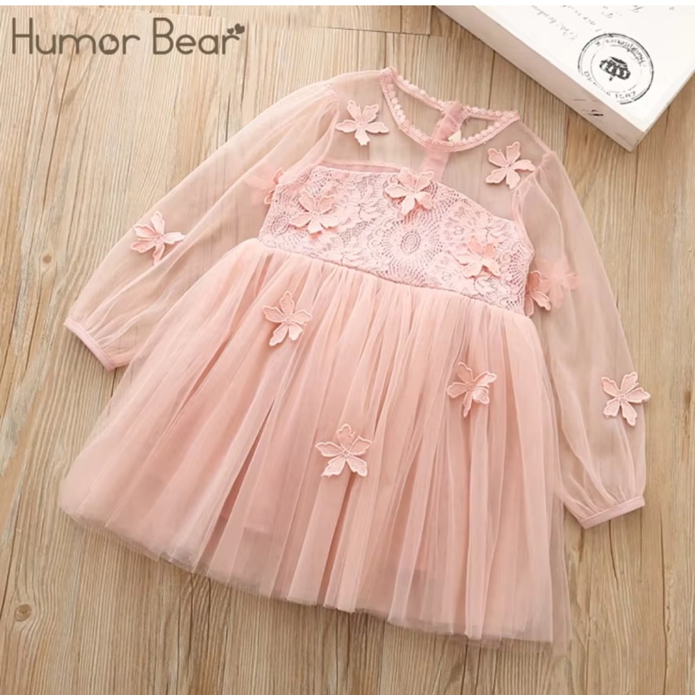 Humor Bear Pink Lace and Tulle Dress with Floral Accents